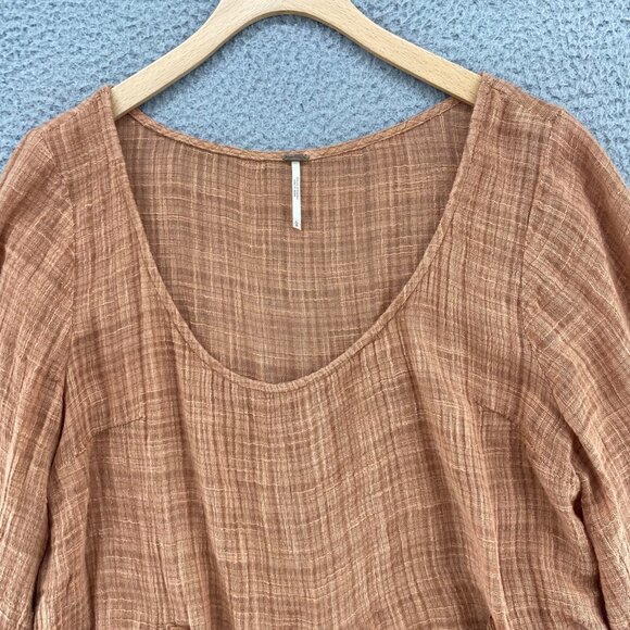 Free People Top Womens Large Brown 3/4 Angel Sleeves Ruffled Godet Gauzy Boho - Picture 2 of 10